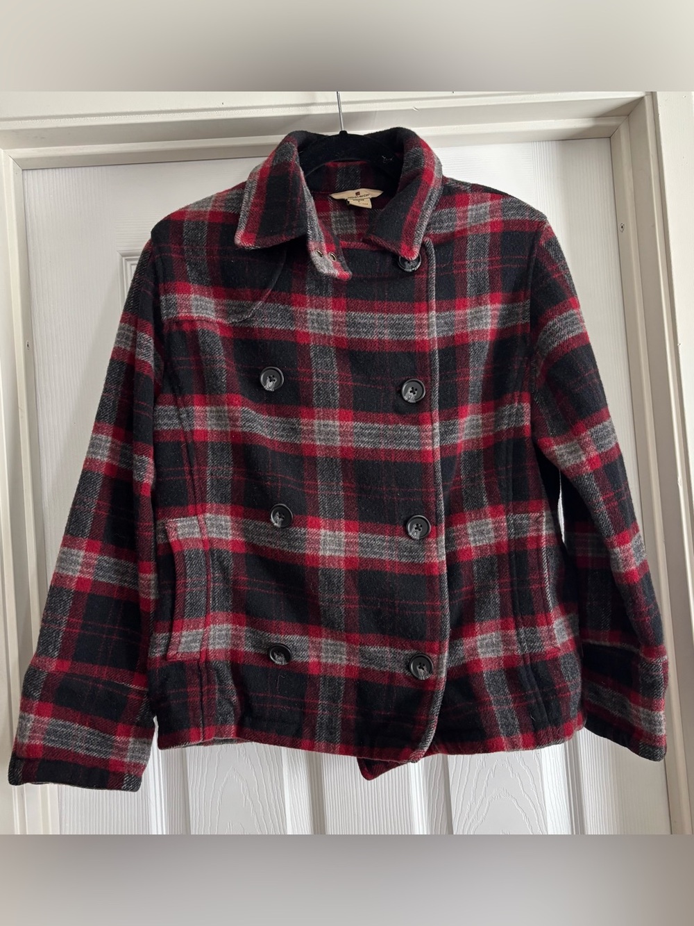Woolrich Red & Black Plaid Double-Breasted Peacoat